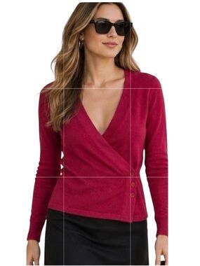 CAbi Ballet Wrap Cardigan Sweater Red Angora Blend Side Button Size Sm V-Neck